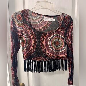 Gypsy Warrior Red and Black Patterned Fringe Crop Top